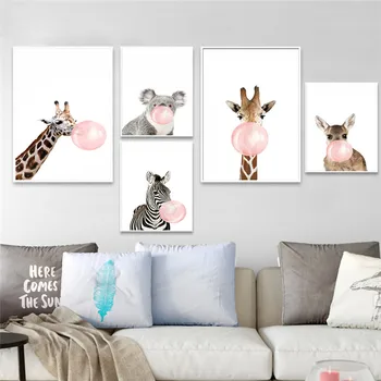 

Pink Balloon Nordic Style Kids Decoration Cartoon Zebra Giraffe Wall Pictures for Living Room Posters and Prints Guadros