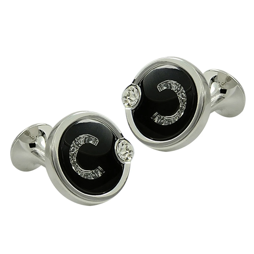 Luxury black men's cuff links high end silver plating rhinestone covered enamel cufflinks, cool