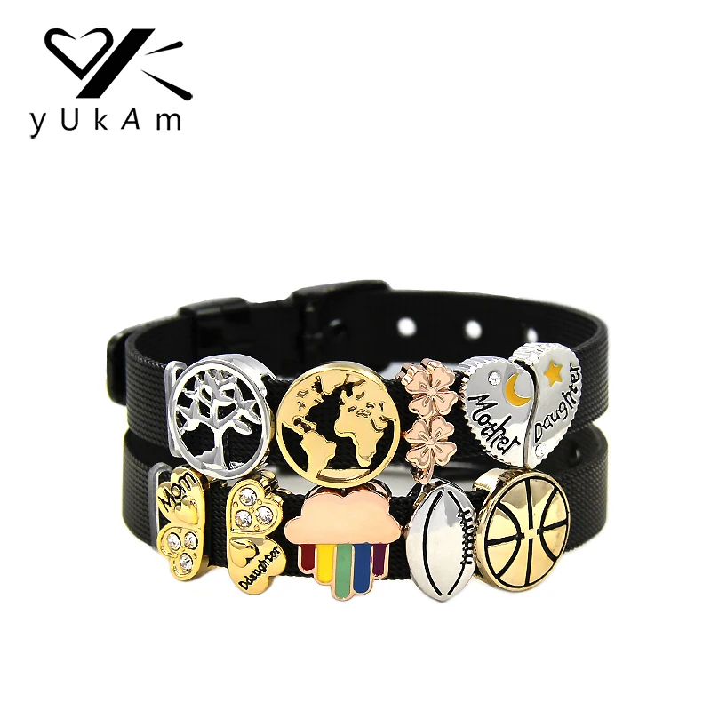 YUKAM Moon Star Mother Daughter Basketball World Map Life Tree Four Leaf Clover Slide Charms Keeper for Bracelets Jewelry Making