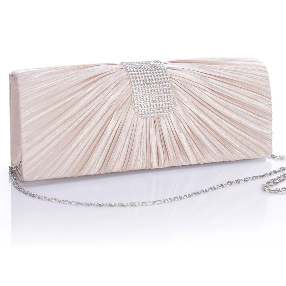 

SAF-NEW WOMEN SATIN DIAMANTE LADIES PLEATED WEDDING BRIDAL PROM HANDBAG CLUTCH BAG WHITE
