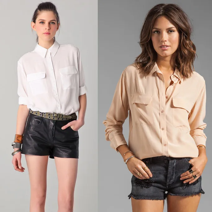 

New EQ 100% real silk women long sleeve shirts ladies two pockets basic loose blouses spring autumn