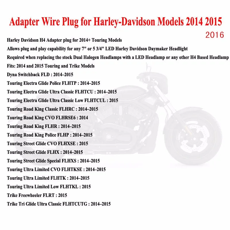 H4 Daymaker LED Headlight Adapter Wire Plug for Harley Touring Models 2014 2015 20166