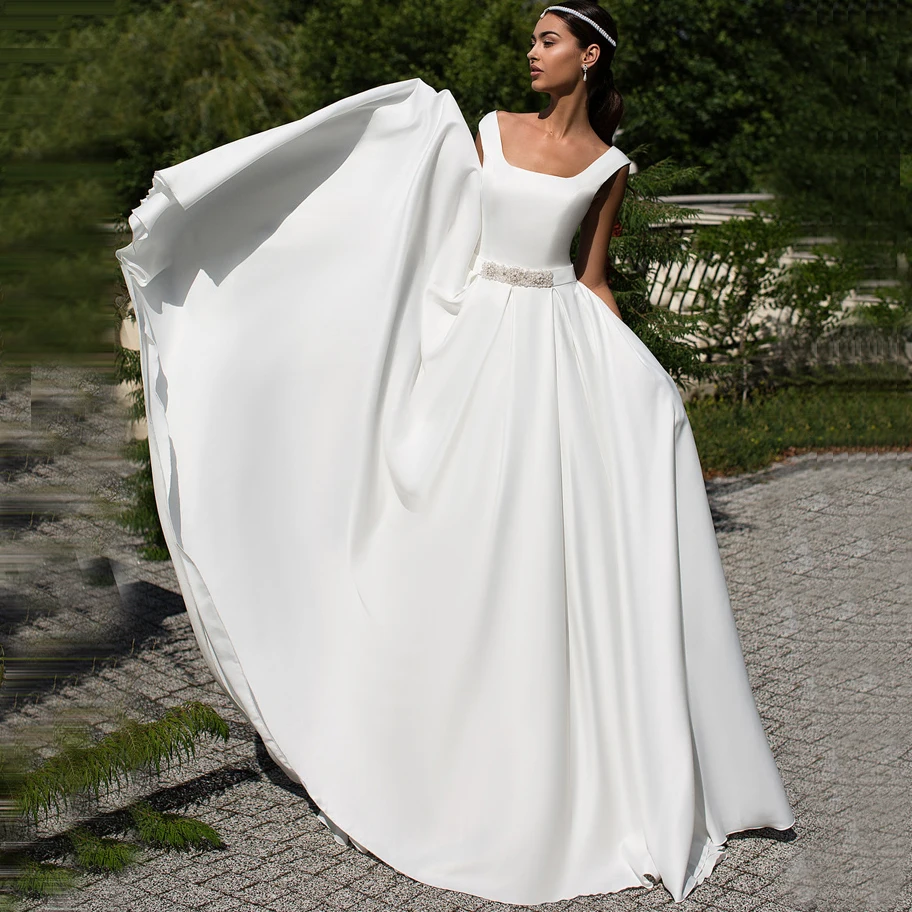 

ADLN Charming Square Neckline A-line Wedding Dresses Simple White Ivory Robe de Mriage gelinlik Beaded Plus Size Bridal Gown