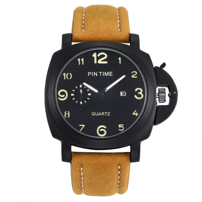 

Mens Sport Watch Vintage Brown Leather Strap Men Military Quartz Movement Wristwatch Luminous Hands Analog Display 44mm Clock