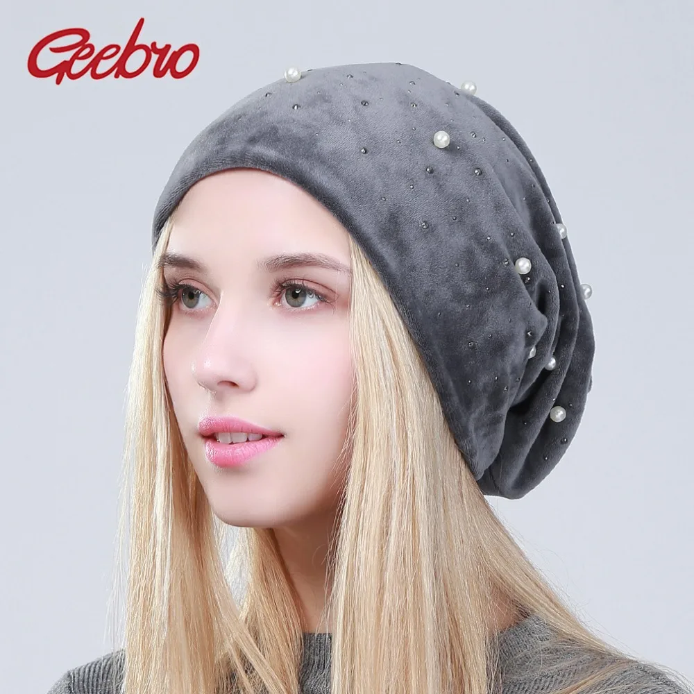 Geebro Women's Beanie Pearl Rhinestones Hat Women Shine Diamond Knitted