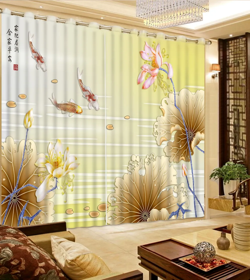 

Modern new 2016 top Living Room Curtain 3D lotus fish Blackout 3d Curtain For Living room hooks polyester luxury curtain