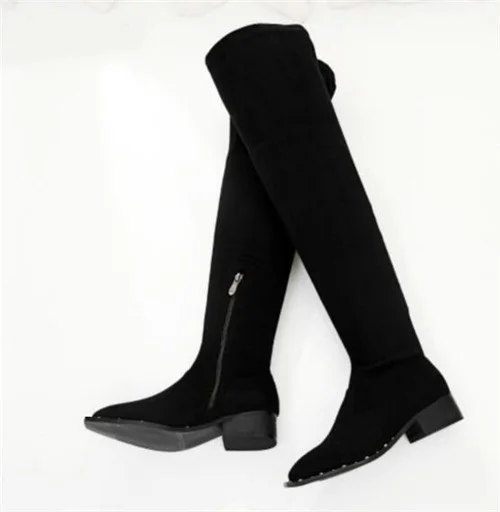 Hot Selling Stretch Fabric Thigh High Boots Pointed toe Rivets Studded Riding Boots Flat Heels Over The Knee Boots for Woman Women's Shoes