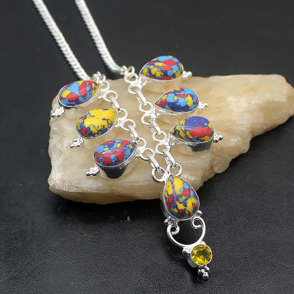 

Beautiful Natural MosaicJasper Yellow Citrine925 Sterling Silver Necklace Chain 17.5 Inch Free Shipping TF312