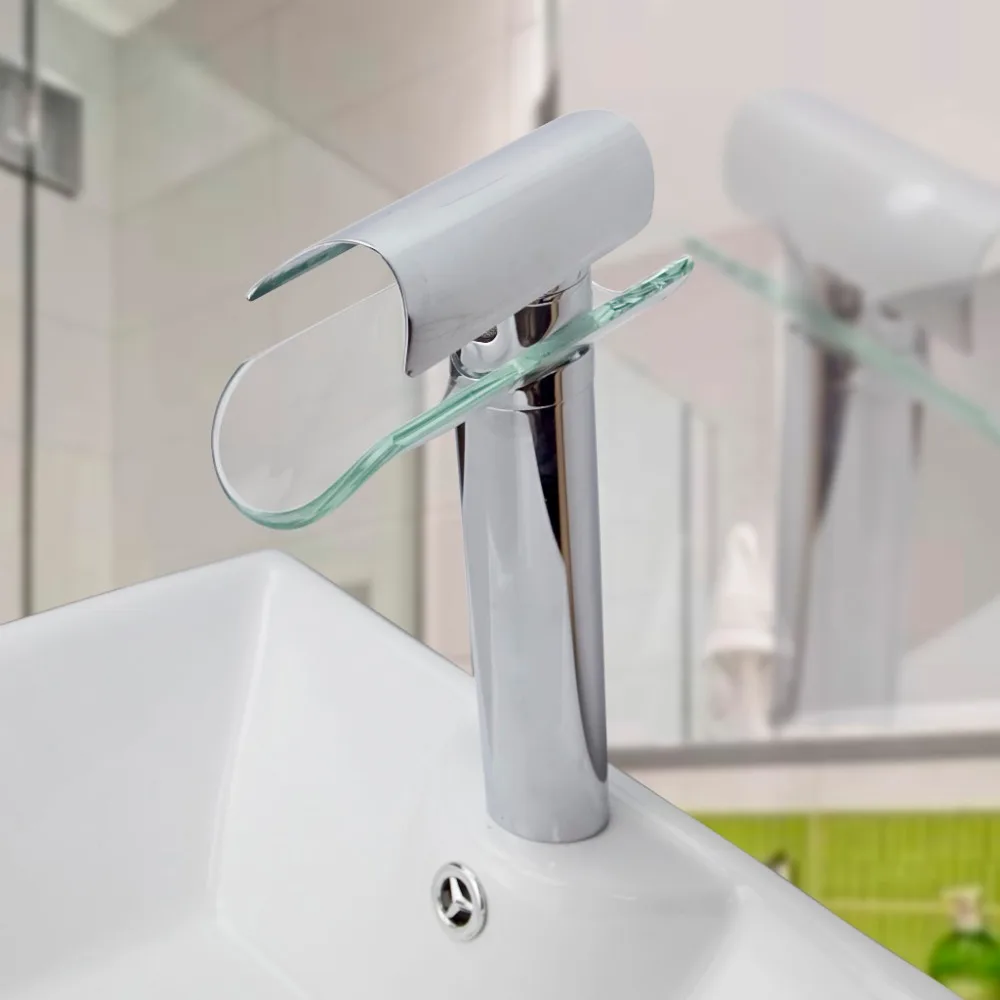 lavandino del bagno lavabo rubinetto in ottone cromato quadrato cascata di vetro rubinetto miscelatore acqua rubinetti