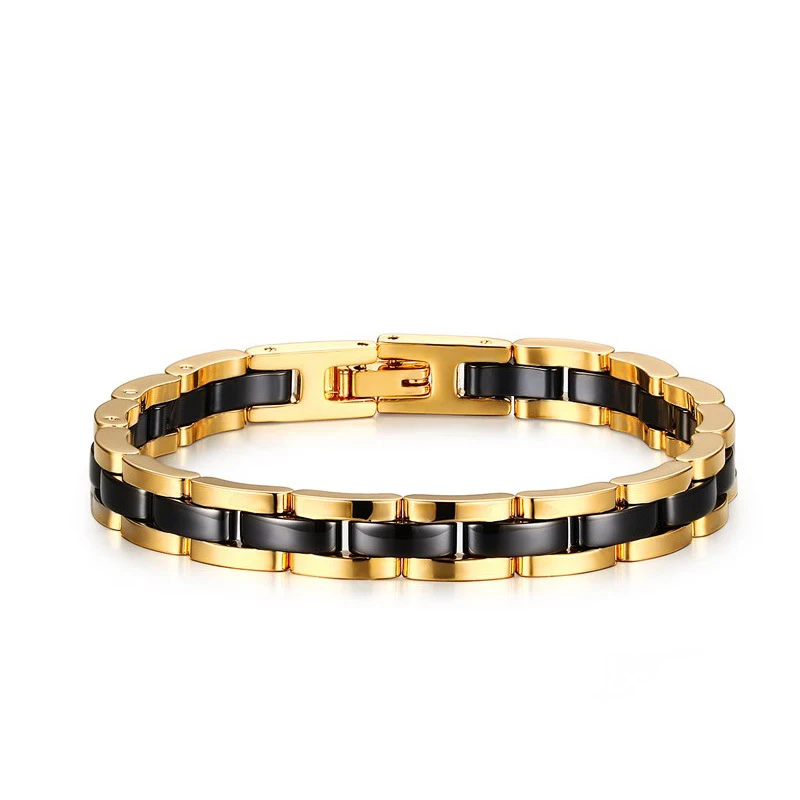 

Hip Hop Rock Gold Color Tungsten Steel Ceramic Magnet Germanium Far Infrared Energy Hologram Health Bracelets for Men Jewelry