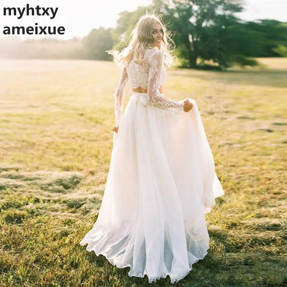 

Long Sleeves Cheap Lace Wedding Dress Lace Bride Dress Two-pieces Beach Informal Cheap Robe De Mariee 2018 Vestidos De Noiva
