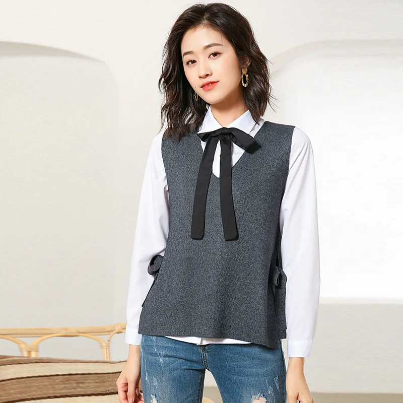 

Women's Loose Sleeveless Sweater Vest Female V-Neck Cashmere Blend Knit Sweater Lace Up Fashion Style Woolen Vest On Both Side