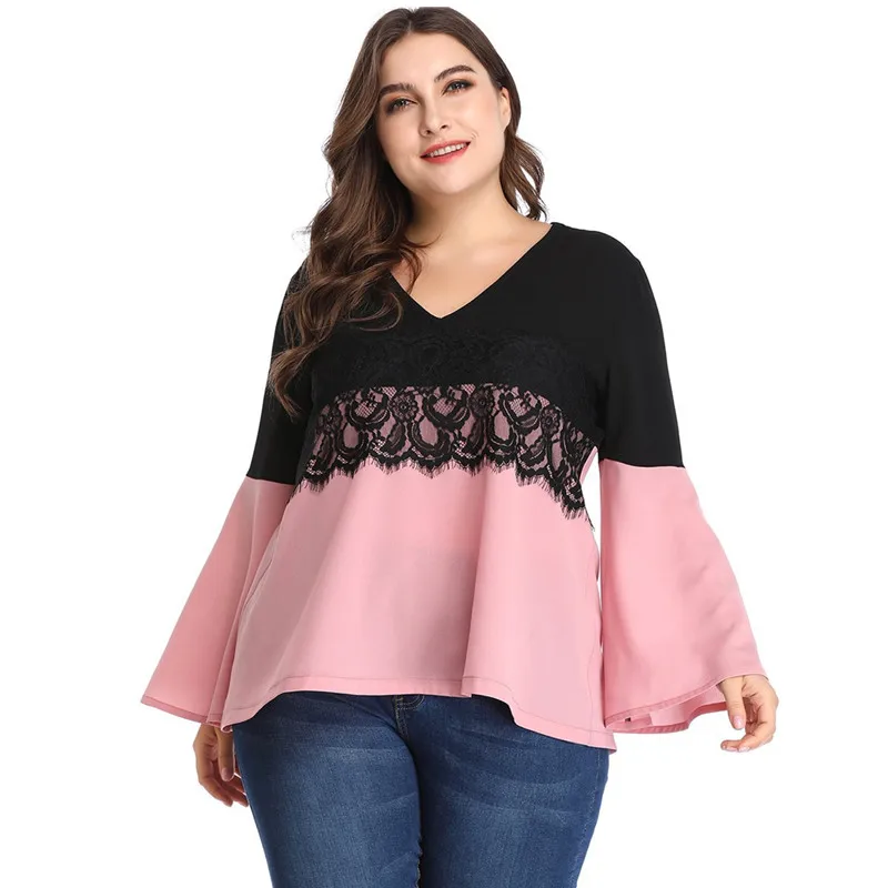 

Woman Tshirt Plus Size 2019 XL-5XL Summer T Shirt Flare Sleeve Lace Patchwork V Neck T-Shirt Loose Woman CLothes HY3065