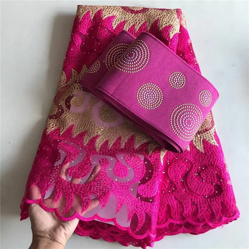 

African french lace high quality hot selling french net lace 5yards+1piece aso oke with stones for ladies dress