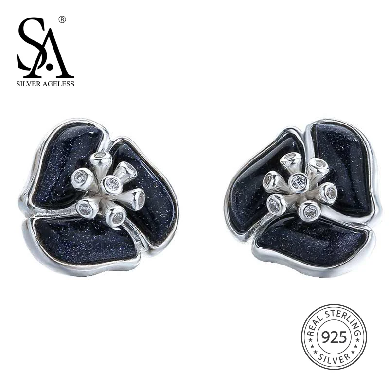 

SLIVER AGELESS 925 Sterling Aventurine Flower Stud Earrings For Women Black Color Earrings With AAA Cubic Zirconia Fine Jewelry