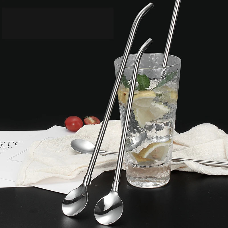 

Creative Durable Stainless Steel Reusable Drinking Straw Filter Spoon Coffee Gourd Metal Tea Strainer Tableware Bar Kitchen Tool