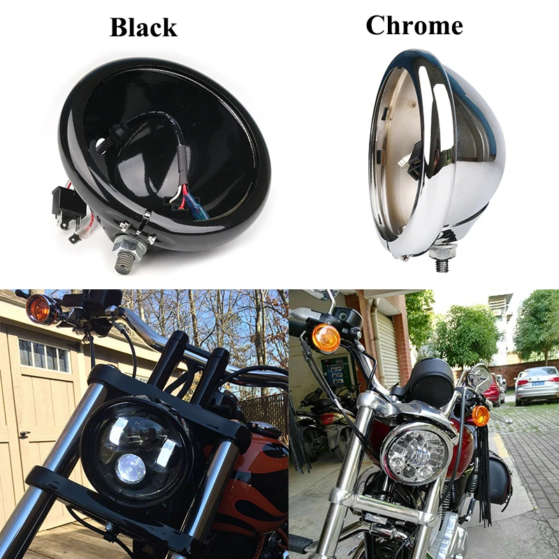 

5-3/4" Housing Mount 5.75 Inch Black/Chrome LED Headlight Bucket with DRL Wire for Motorcycle Headlight Housing