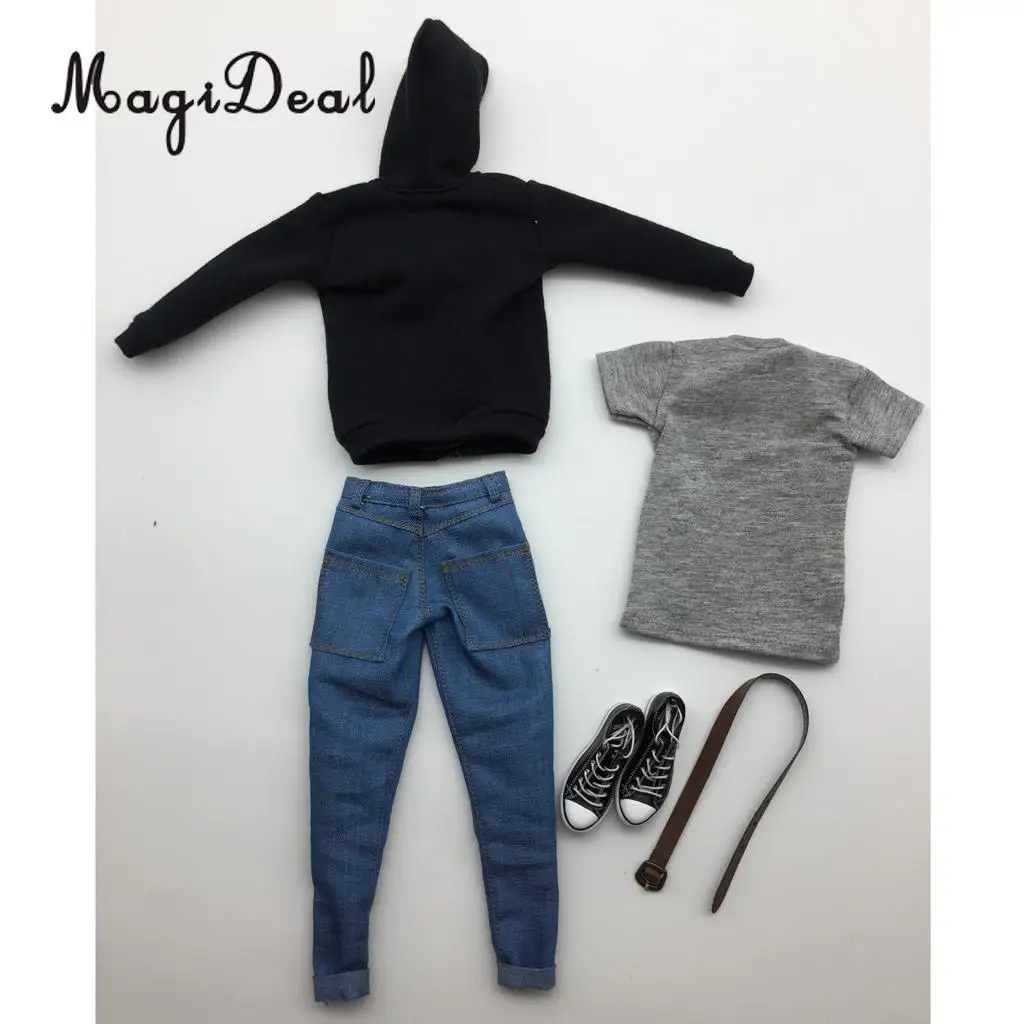 MagiDeal Hot Sale 1Set 1/6 Scale Mens Clothes Black Hoodie T-shirt Jeans Belt Canvas Shoes for 12 Inch Action Figures Model