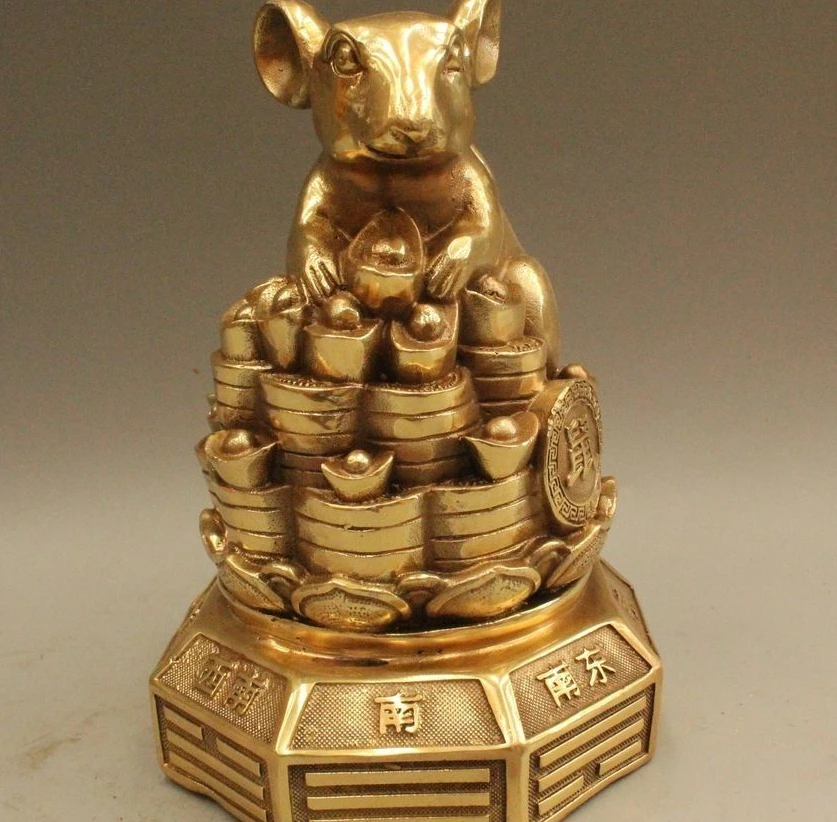 

8" Chinese Fengshui Brass Zodiac Year Mouse Coin Yuanbao Money Wealth Statue