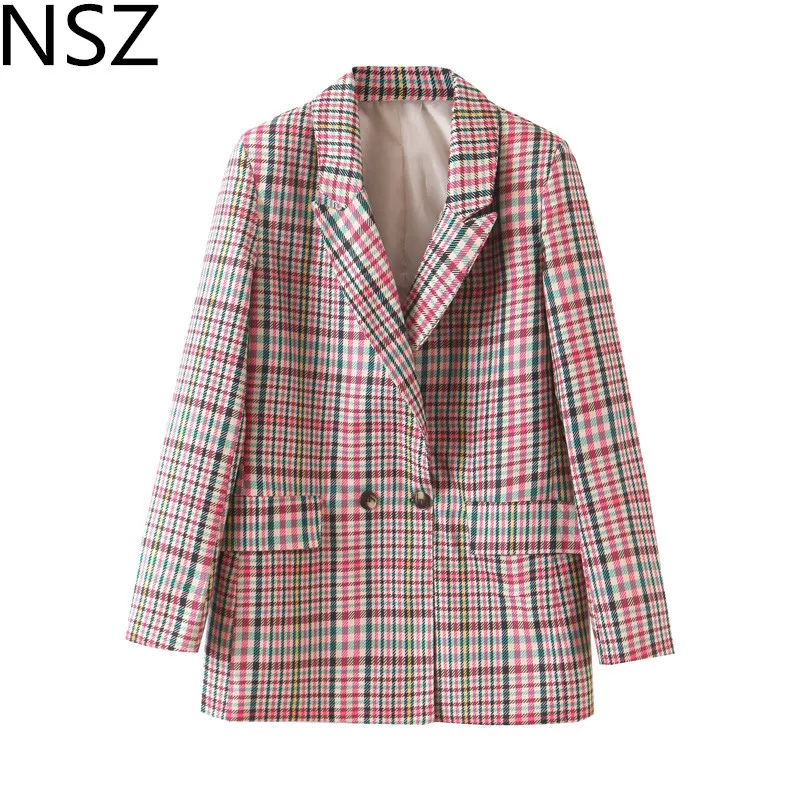 

NSZ Woman Vintage Houndstooth Blazer Plaid Long Sleeve Double Breasted Office Lady Jacket Checked Coat Outerwear