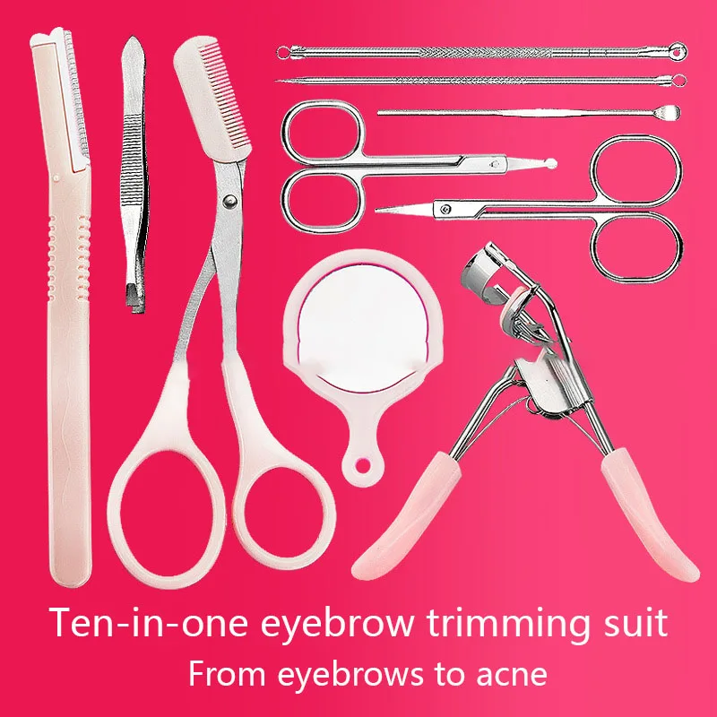 

10-in-1 Eyebrow Trimming Knife Curling Eyelash Clip Eyebrow Scissors Extruding Blackhead Needle Acne Trimming Set