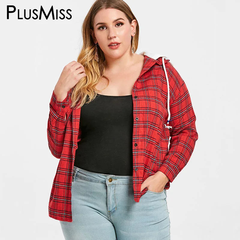 Плюс размера плюс 5XL-XL хип-хоп клетчатые футболки с капюшоном женские красные