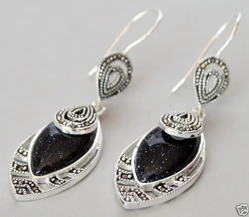 

Retro Vintage Blue Sand Stone 925 Sterling Silver Hooks Marcasite Earrings