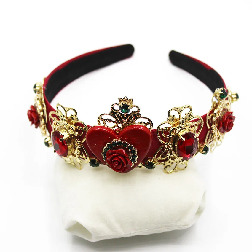 Новая мода Красный цветок сердце корона барокко Пром шоу лента для волос металлические украшения для волос Свадебные тиара аксессуары подарок для женщин вечерние - Окраска металла: Headband