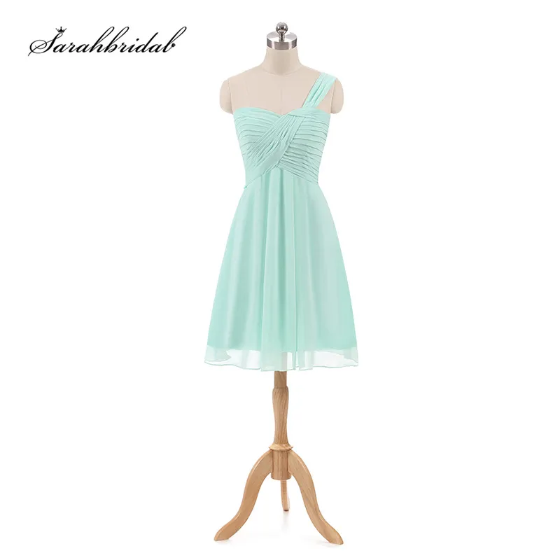 

Cheap Short Prom Dresses In Stock One Shoulder Mint Navy Blue A Line Chiffon Ruffles Party Cocktail Gowns Lace up Back SD427