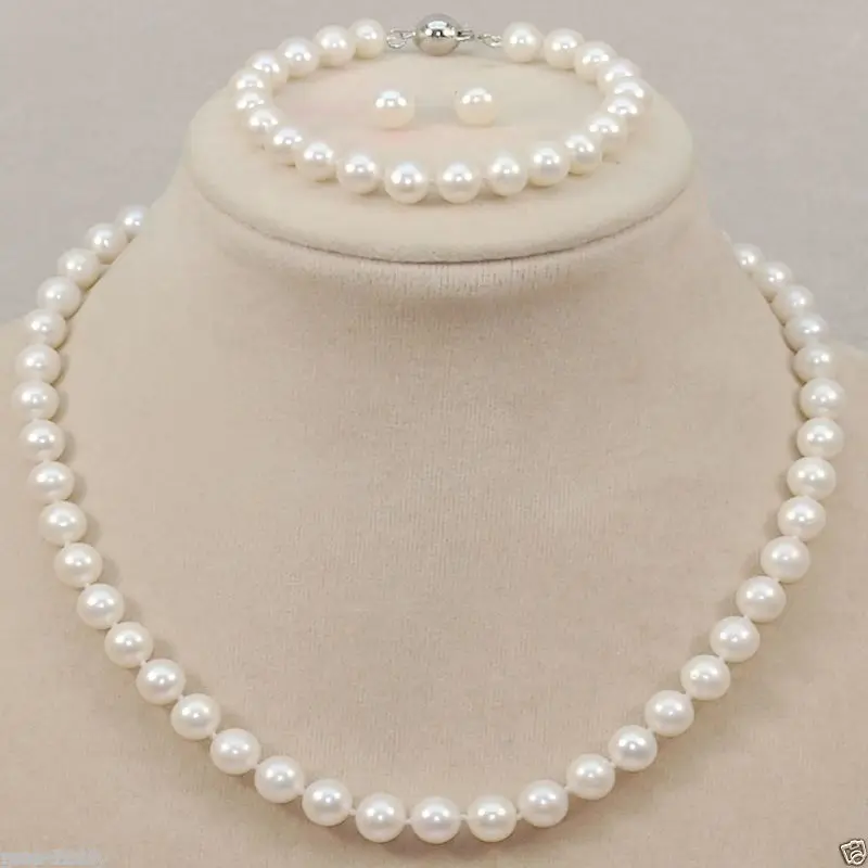 

Hot sale new Style >>>>Pretty 8-9MM White Fresh water Pearl Necklace + Bracelet + Earring Jewel Set