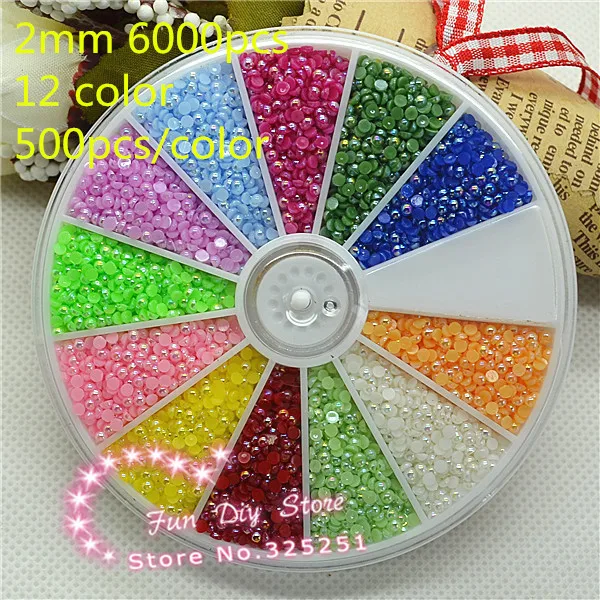 

2mm 6000pcs ABS flat back round pearl AB color mix 12 color wheel for nail art free shipping