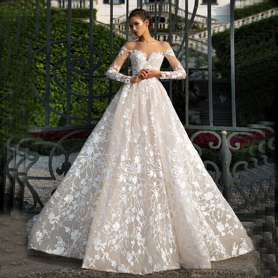 

Amanda Novias New Design Charming Overlay Lace A Line Long Sleeve Wedding Dress 2019