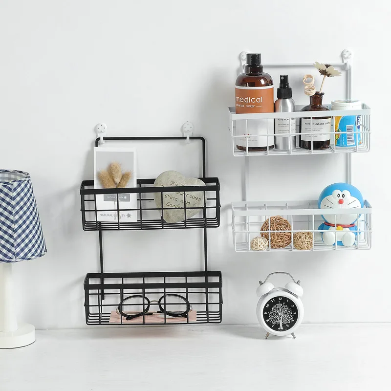 

Wrought Iron Double-layer Net Basket Wall Hanging Storage Shelf Kitchen Storage Rack Bathroom Toiletries Shelves Wall Organizer