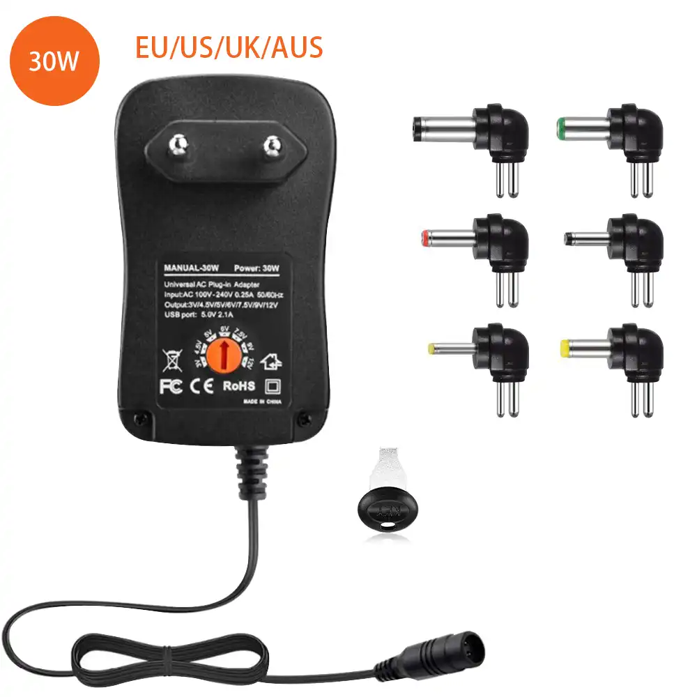 3-12V Adjustable Power Adapter 30W DC Plug-in Charger w// USB Port