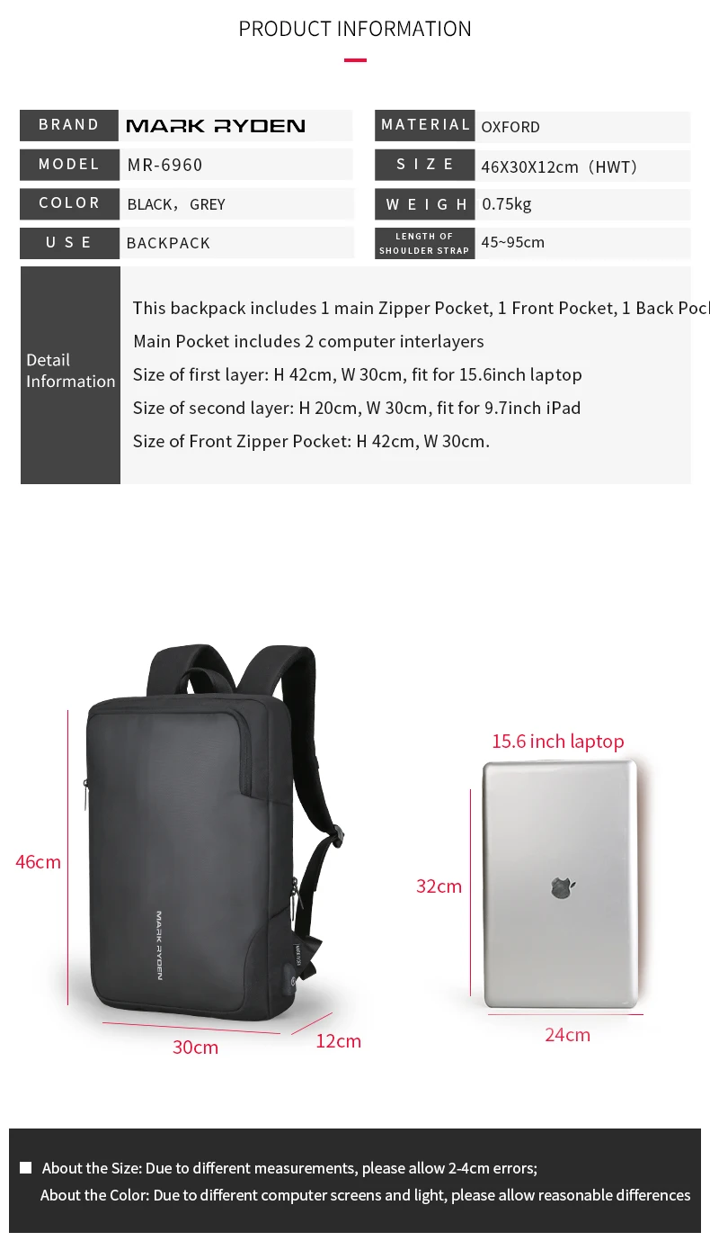 Mark Ryden мужской рюкзак бизнес Многофункциональный USB подзарядка 15 дюймов ноутбук рюкзак водостойкий рюкзак