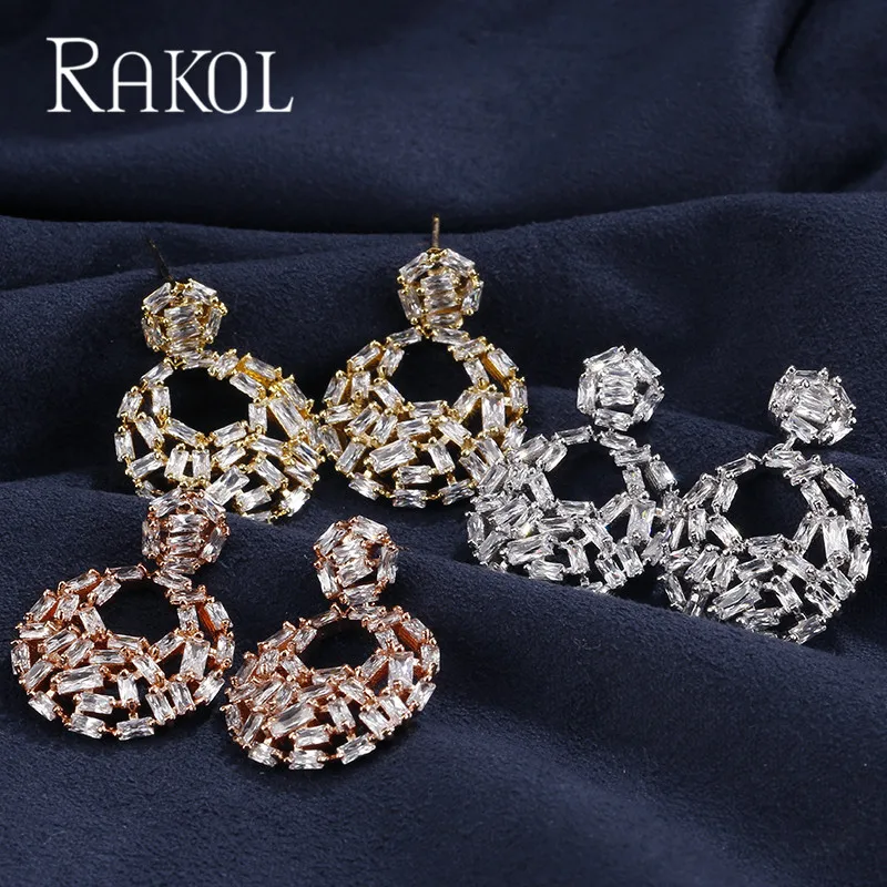 RAKOL Luxury Cubic Zircon Jewelry Bridal Earrings White with Transparent Crystal Fashion Accessories Women Models RE82045