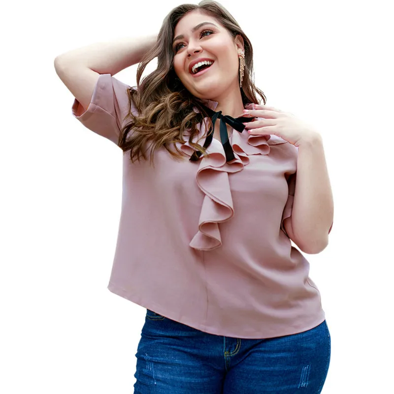 KM STYLISH Women Blouse Shirts Pink Female Big Size Plus Size 4XL Shirts Blusas Bow Short Sleeve Oversize Women Tops Mujer A058
