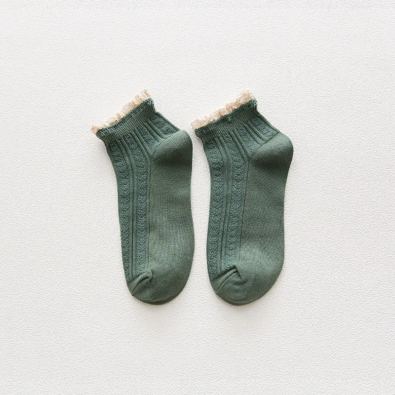 Новинка Harajuku, однотонные хлопковые кружевные розовые носки для женщин, повседневные носки для девочек, студенческие винтажные носки, Calcetines Mujer, Японские Женские - Цвет: Зеленый