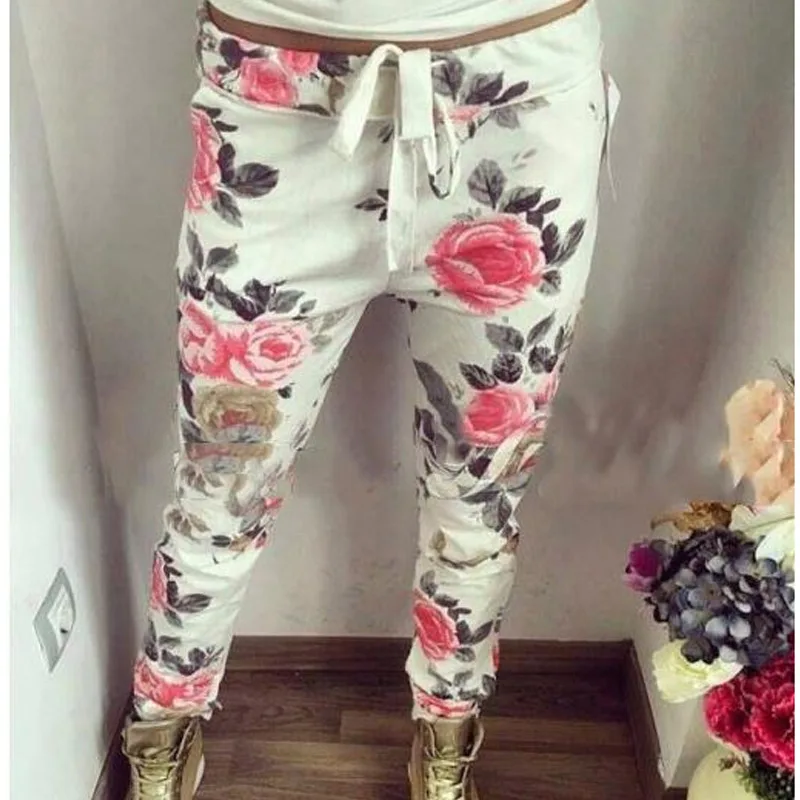 

New Fashion Women Flower Printed Pants Autumn Spring Casual Long Slim Fit Trousers QL Sale