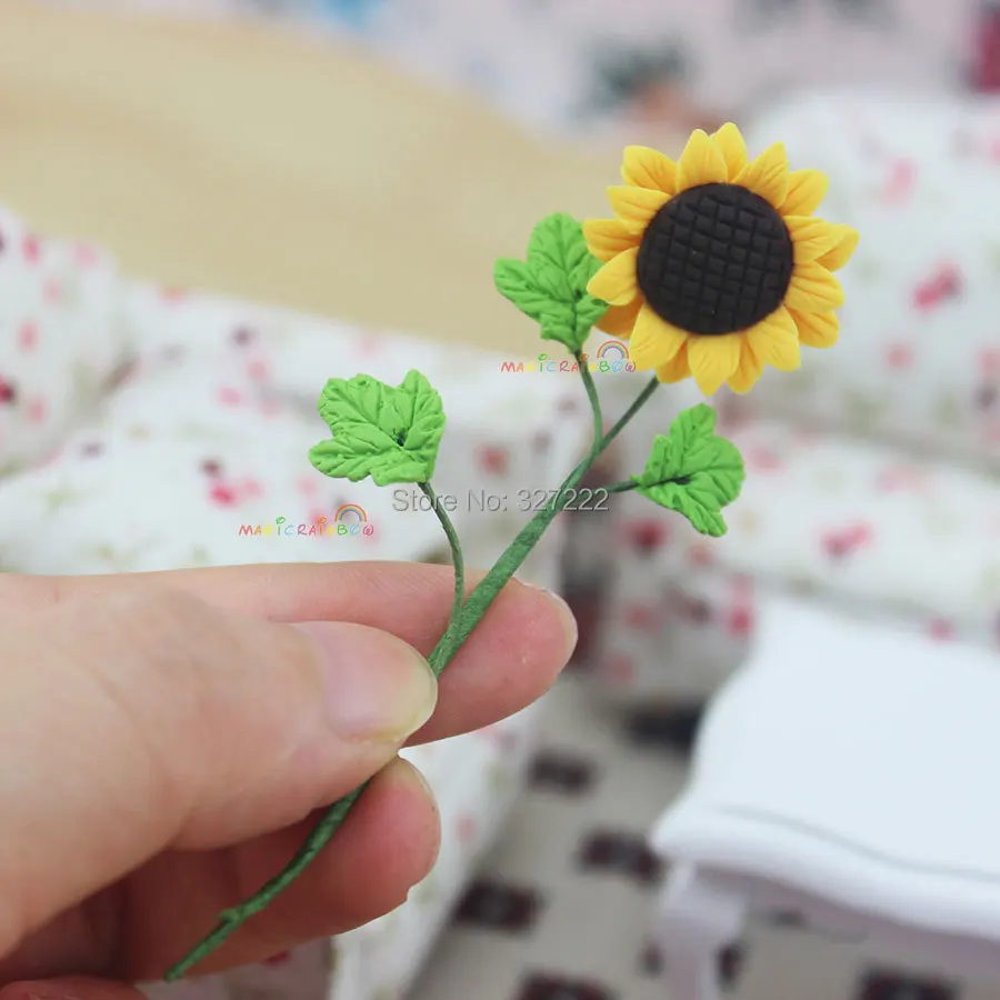Yellow Sunflower Flower plant Dollhouse Miniature Hand made Clay Garden Decor