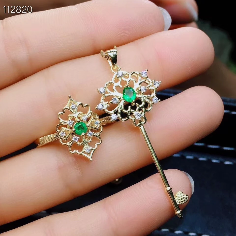 Натуральный зеленый изумруд S925 Серебряное кольцо кулон натуральный драгоценный