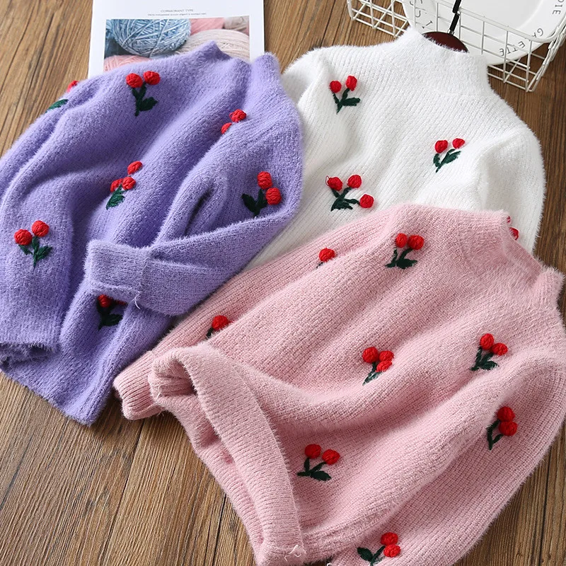 

LILIGIRL Girls Imitation Mink Velvet Sweater for Kids Coarse Wool Sweater 2018 Autumn&Winter New Baby Knit Cherry Tops Clothes