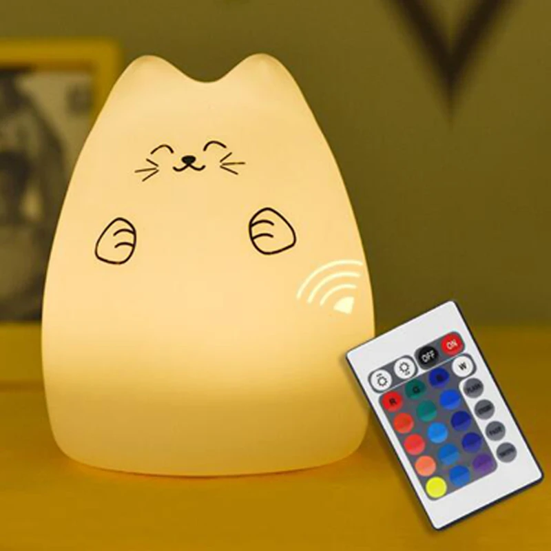LED USB Children Animal Night Light Silicone Soft Cartoon Baby Nursery Light Lamp Breathing LED Night Light  7 Colors Cat  (2)