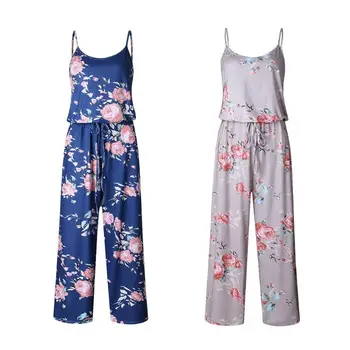 

Women Sleeveless Floral Printed Long Jumpsuit Drawstring Loose Playsuit Casual Halter Jumpsuit Bodysuit Summer Beachwear