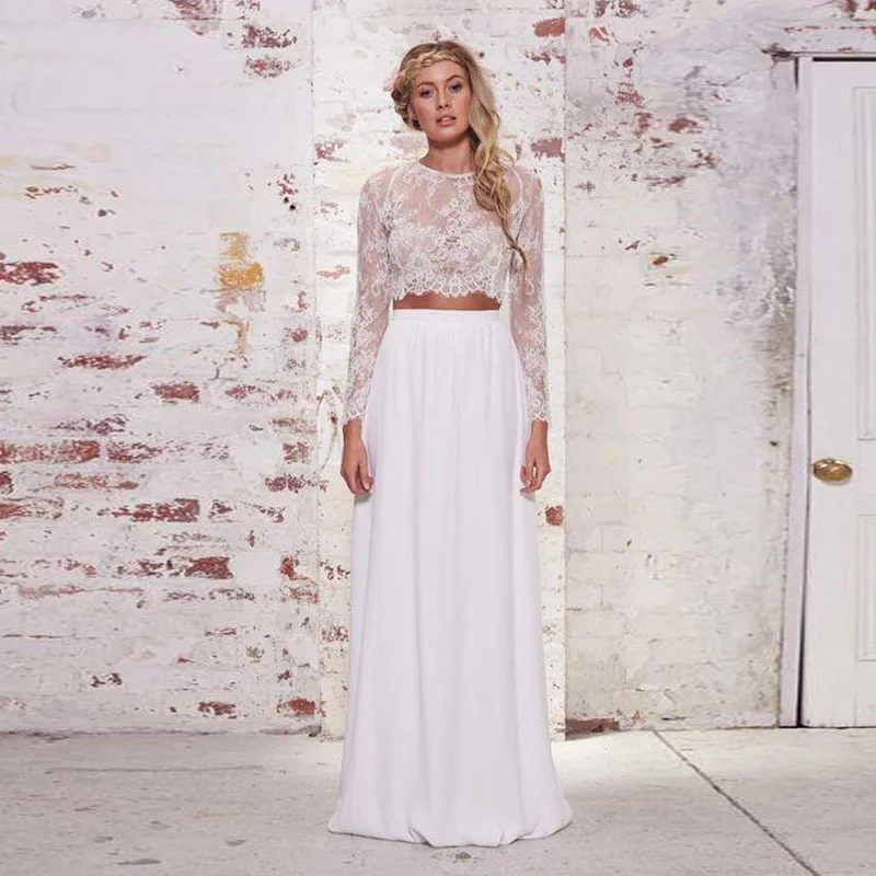 

Two Piece Wedding Dresses with Long Sleeve Boho O-Neck Lace Top A-Line Chiffon Beach Bridal Dress Wedding Gowns vestido
