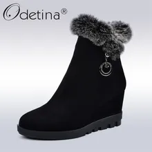 Odetina Новая Мода Роскошные Волосы Кролика Снегоступы Женщины Клин Высокие Каблуки Молнии Ботильоны С Мехом Женщины Зима Теплая Плюшевая Обувь