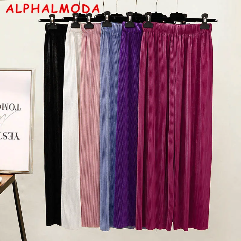 

ALPHALMODA 2018 Summer Women's Solid Color Pleated Wide Leg Pants High Waist Female Fashion Pants