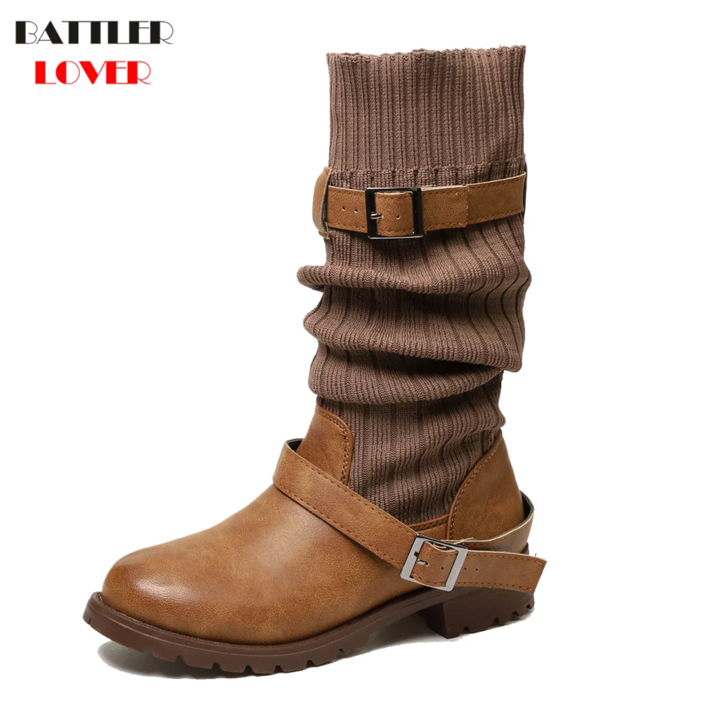 women winter boots mid-calf slip on chaussures femme ladies chunky low heels shoes womens zapatos mujer sapato autumn booties