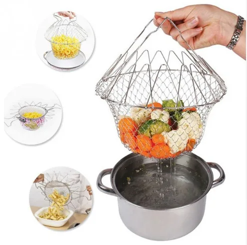 

Foldable Steam Rinse Strain Fry French Chef Basket Magic Basket Mesh Basket Strainer Net Kitchen Cooking Tool Kitchen Accessorie