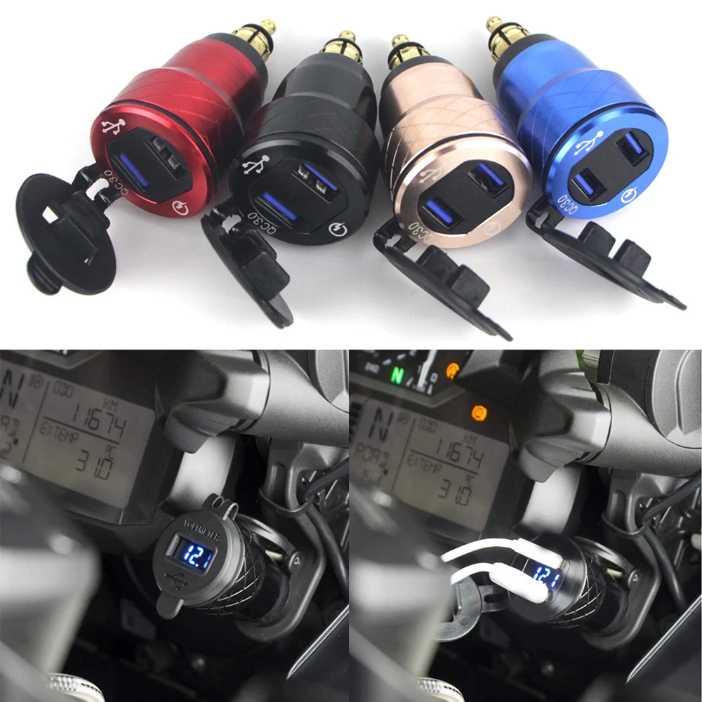 DIN Hella QC3.0 Dual USB Motorcycle Charger Plug Socket Cigarette Lighter Adapter LED Display For BMW F800GS R1250GS R1200GS/RT
